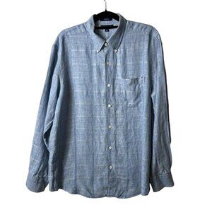 Grant Thomas Mens Blue Plaid Pure Linen Button Down Shirt Large Long‎ Sleeve L